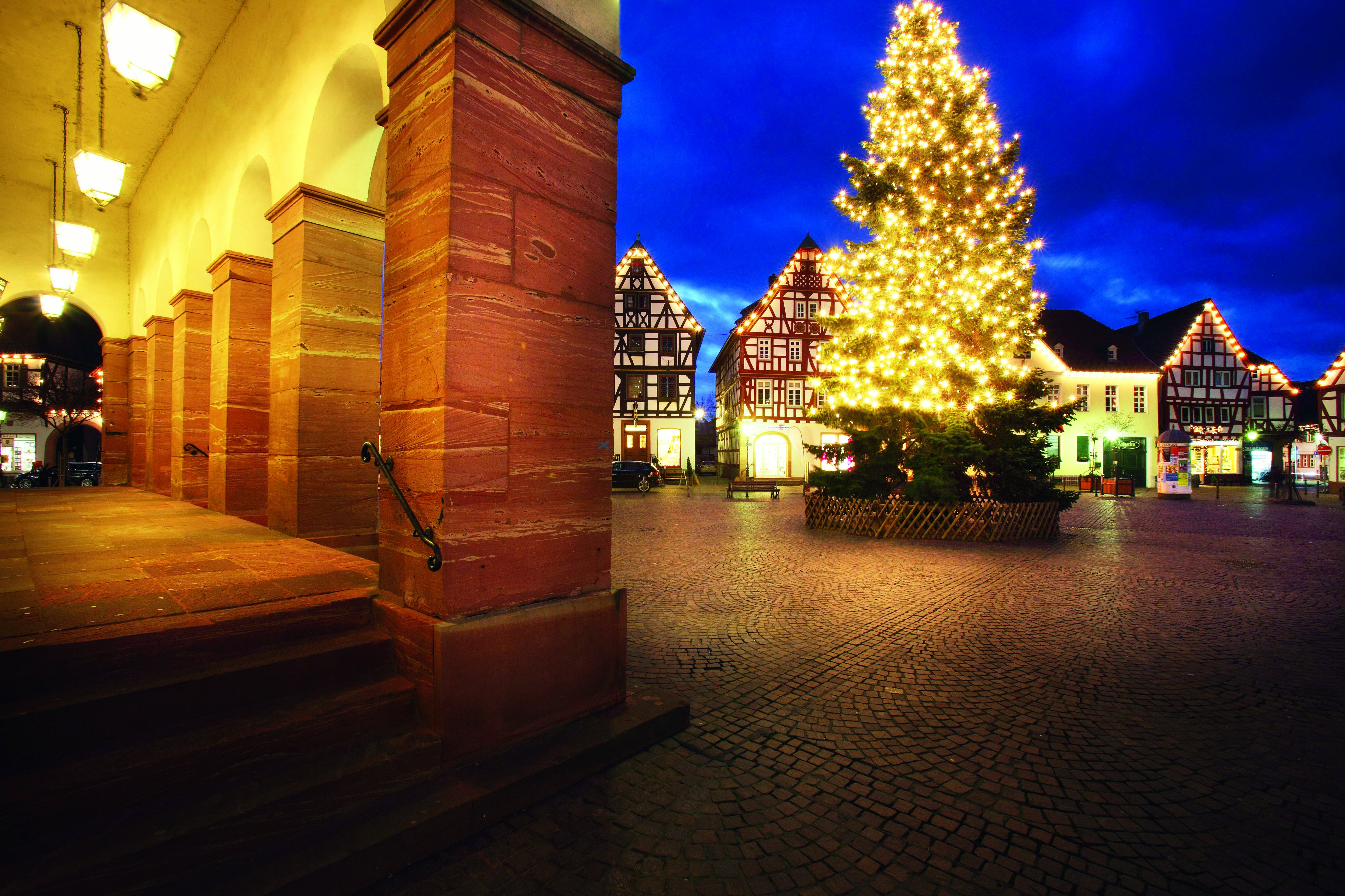 Beleuchteter Weihnachtsbaum auf dem Seligenstädter Marktplatz