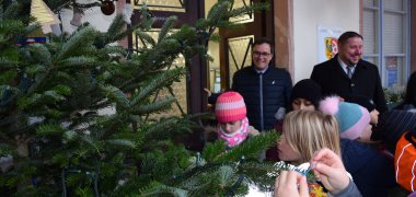 Baumschmuck wird aufgehängt Baumschmuck wird aufgehängt