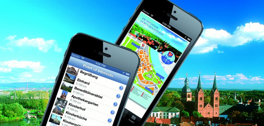 Handydisplays mit Demonstration der Seligenstadt App