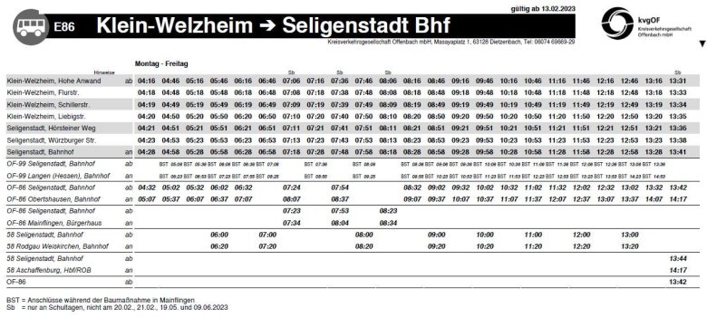 Busfahrplan E86 ab 13. Februar 2023