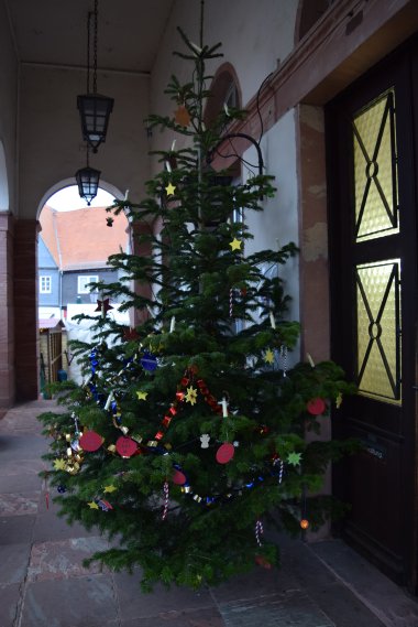 Geschmückter Weihnachtsbaum vor dem Rathaus