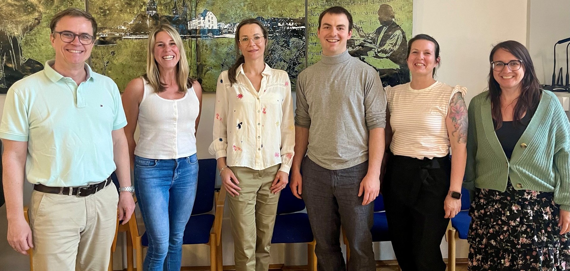 v.l.n.r. Bürgermeister Dr. Daniell Bastian, Sprecherin Martina Happe (Kita Wilde 13), Annika Klein (Kita St. Marien), Stellv. Sprecher Maximilian Ries (Burg Wirbel-wind/Ev. Kita Regenbogen), Julia Kühn (Kita Käthe Münch), Maryse Rückert (Kita St. Margareta)