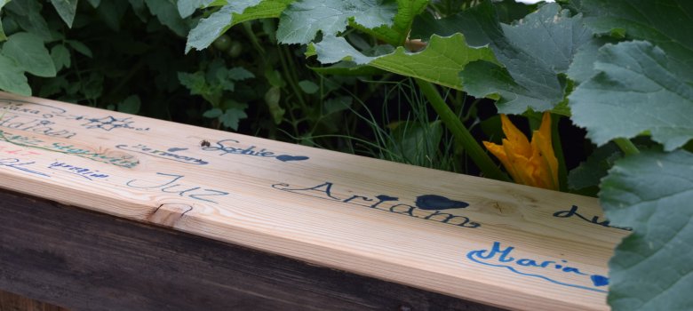 Kids haben sich am Beet Rand verewigt