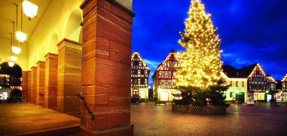 Beleuchteter Weihnachtsbaum auf dem Seligenstädter Marktplatz